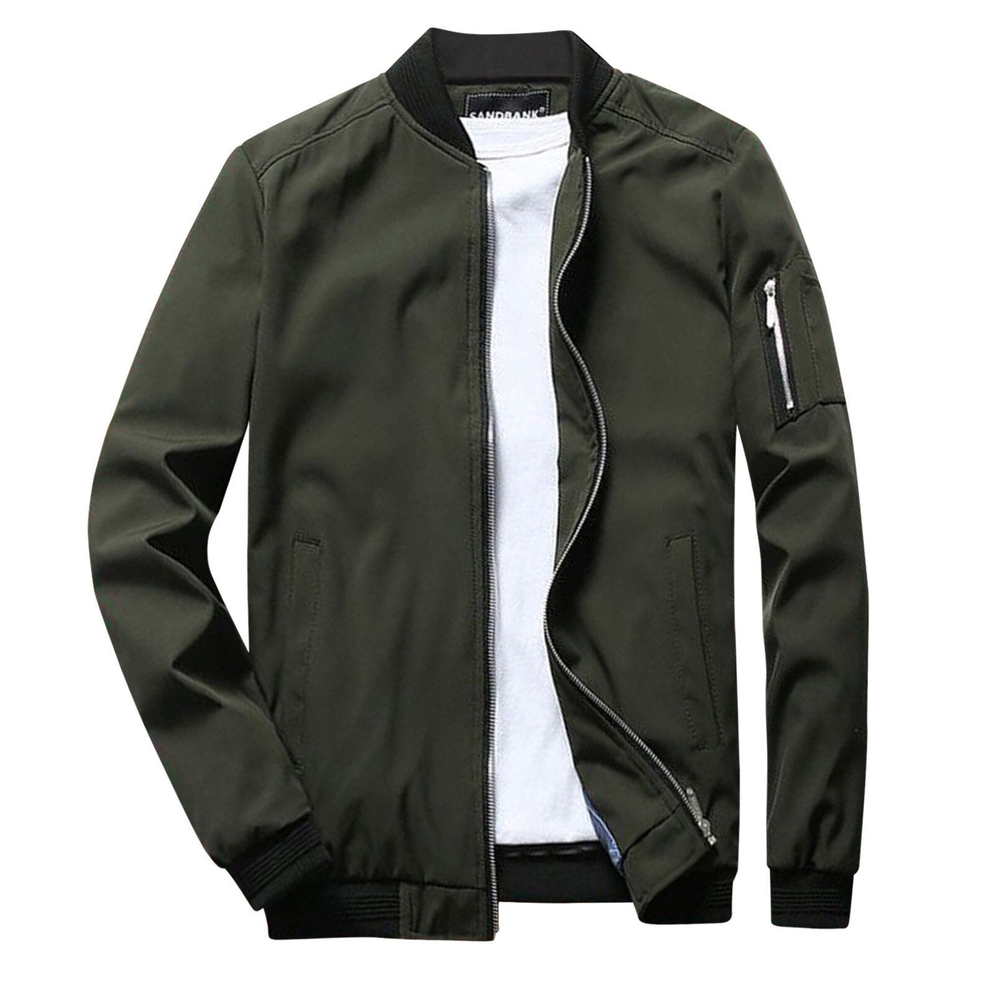 Stijlvolle zwarte heren zomerjas met ritssluiting, bomberstijl, zak op de mouw. Perfect voor casual en modieuze looks.