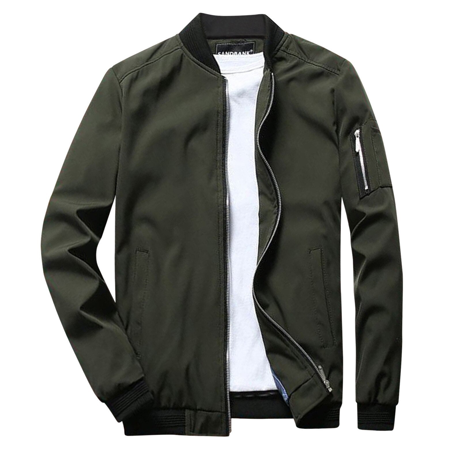 Stijlvolle zwarte heren zomerjas met ritssluiting, bomberstijl, zak op de mouw. Perfect voor casual en modieuze looks.