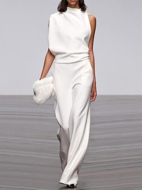 Gina | Damen Jumpsuit Mit Rundhalsausschnitt, Armellos Und Weitem Bein