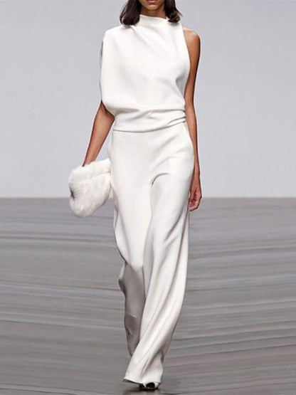Gina | Damen Jumpsuit Mit Rundhalsausschnitt, Armellos Und Weitem Bein