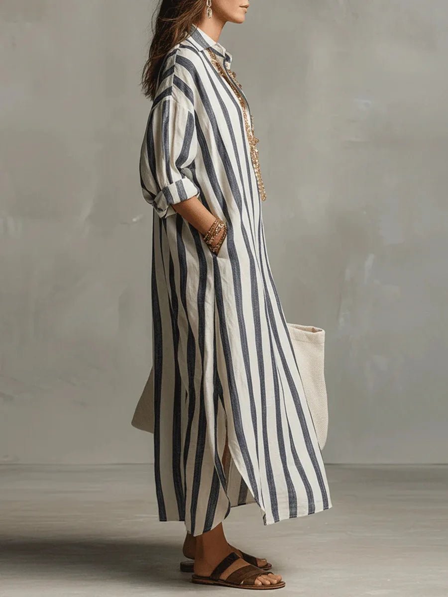 Damen Linnen Gestreiftes Oversized Hemdkleid Maxi