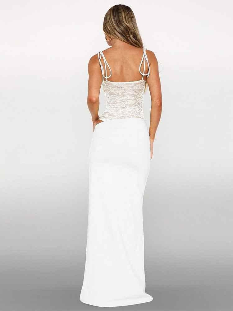 Sina – figurbetontes Maxikleid mit Schnürträgern und transparenter Spitzen - Corsage - Cecile LavelleGelb