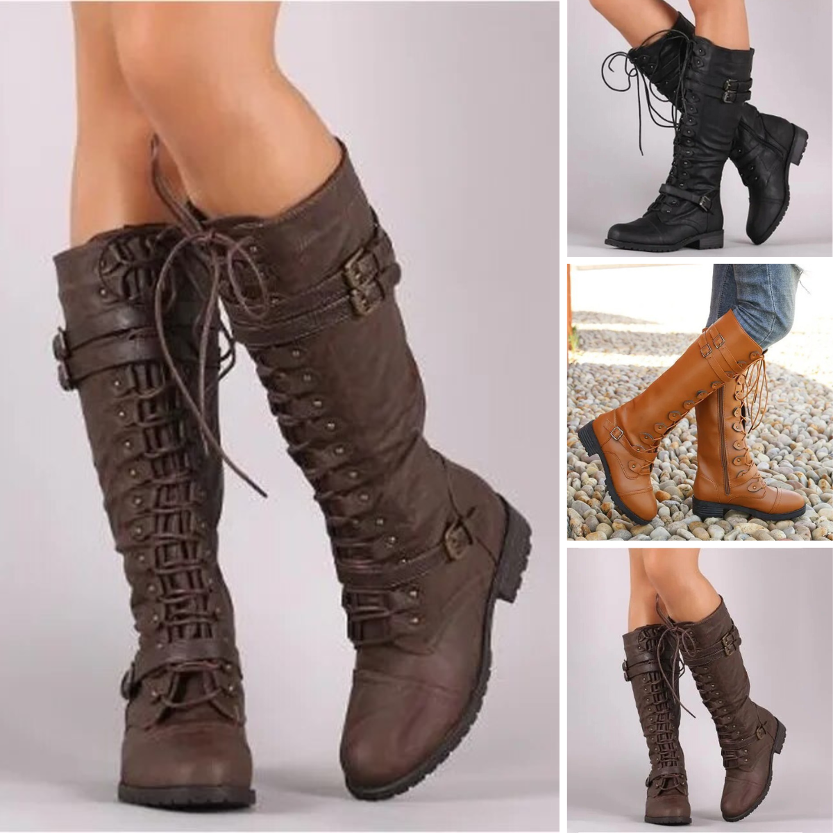 Natalia - Flache Retro-Stiefel mit Schnalle und Schnürung