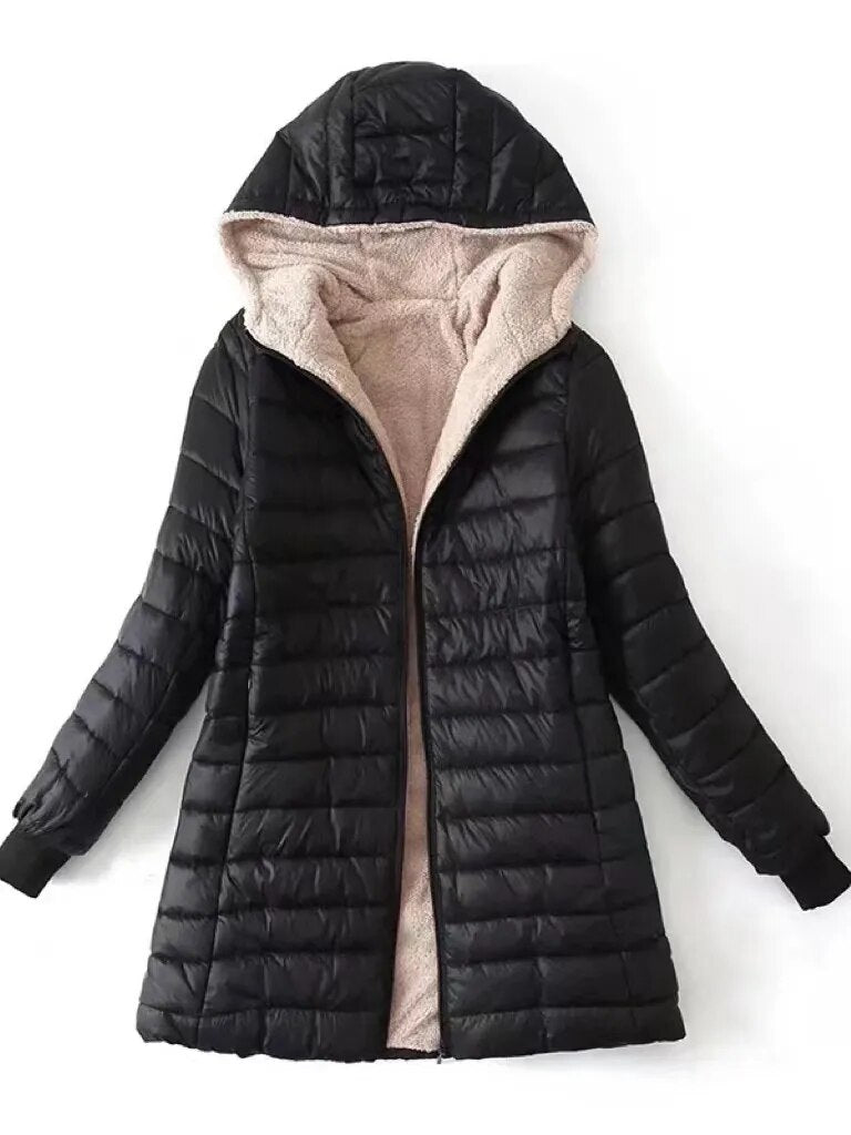 Mittellange Baumwolljacke Mit Kapuze Für Frauen