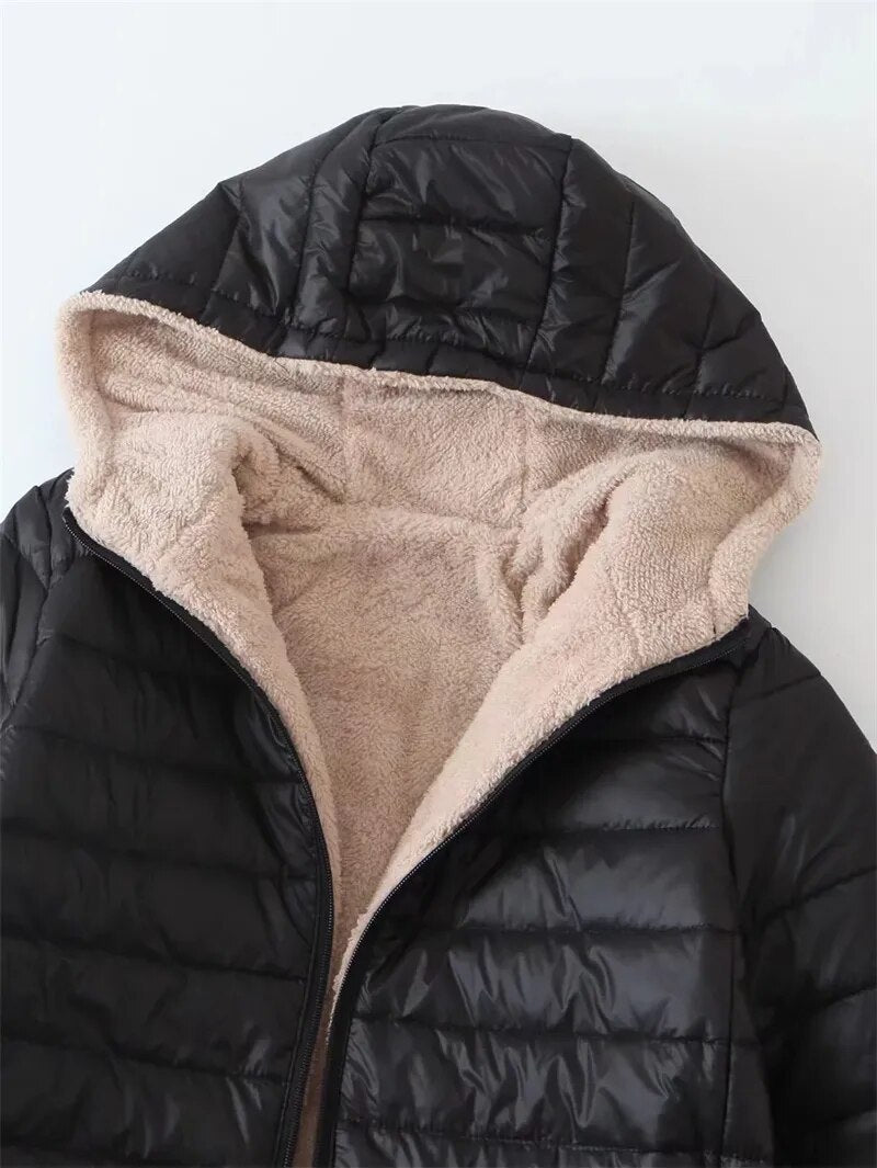 Mittellange Baumwolljacke Mit Kapuze Für Frauen