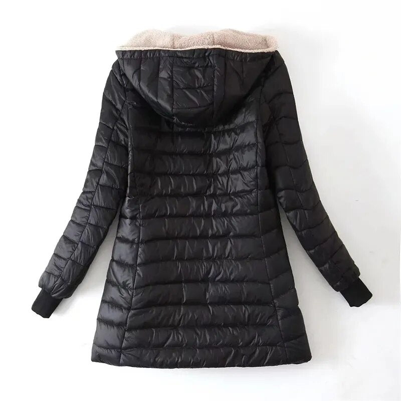 Mittellange Baumwolljacke Mit Kapuze Für Frauen
