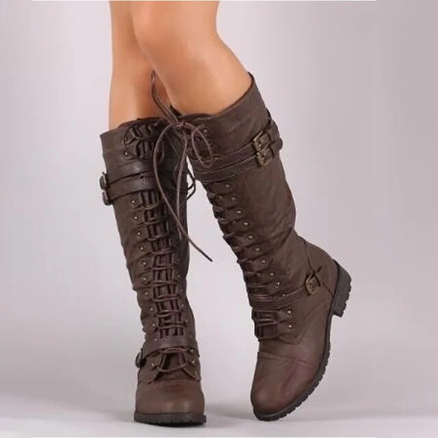 Natalia - Flache Retro-Stiefel mit Schnalle und Schnürung