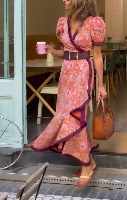 Amalia | Langes Kleid Mit Kurzen Puffärmeln Und Asymmetrischem Rock