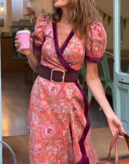 Amalia | Langes Kleid Mit Kurzen Puffärmeln Und Asymmetrischem Rock
