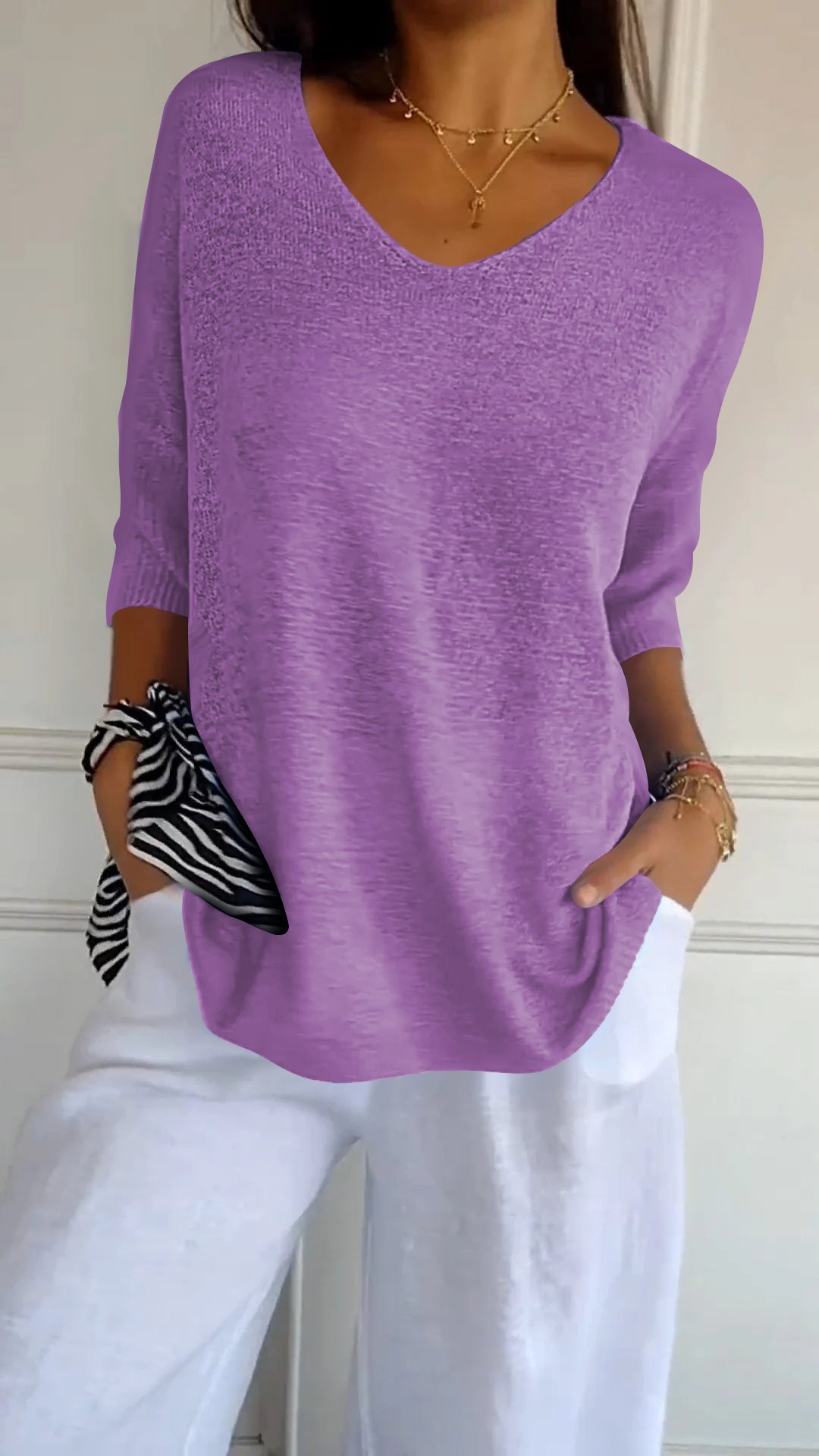 Rosel | Unifarbenes gestricktes Top mit V-Ausschnitt