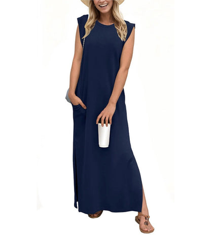 Romaisa | Lässiges, langes Kleid mit Schlitz aus bügelfreiem Stoff
