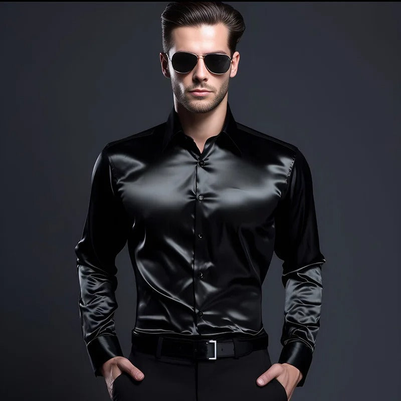 Herrenhemd | Langarm | Slim Fit | Hemd mit Knöpfen | Glänzendes Hemd-Gold-S-Chaps Herrenmode