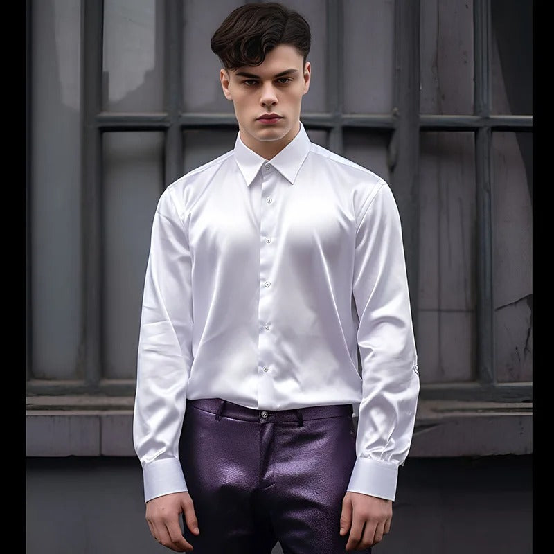 Herrenhemd | Langarm | Slim Fit | Hemd mit Knöpfen | Glänzendes Hemd-Himmelblau-S-Chaps Herrenmode