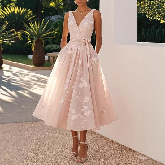 Karin | Damen Elegantes Blumenkleid Mit Tiefem V-Ausschnitt Und Taillengürtel