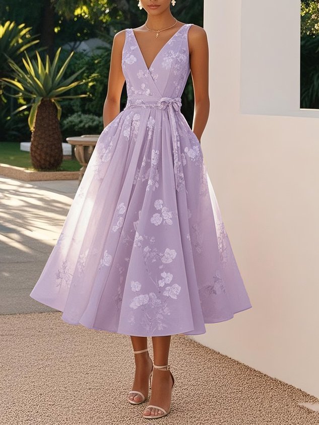 Karin | Damen Elegantes Blumenkleid Mit Tiefem V-Ausschnitt Und Taillengürtel