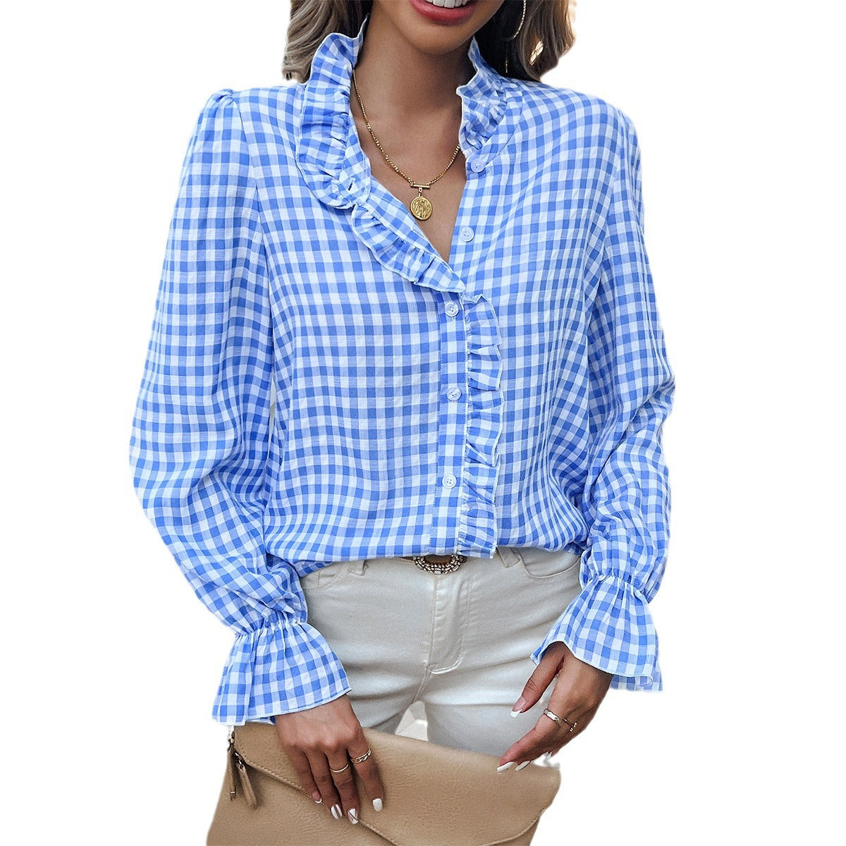 Élovi | Damen Karierte Bluse Mit Rüschendetails Und Knopfleiste