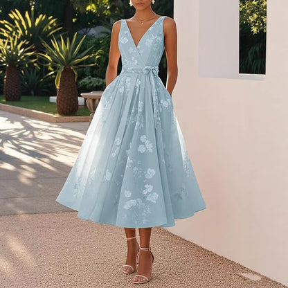 Karin | Damen Elegantes Blumenkleid Mit Tiefem V-Ausschnitt Und Taillengürtel
