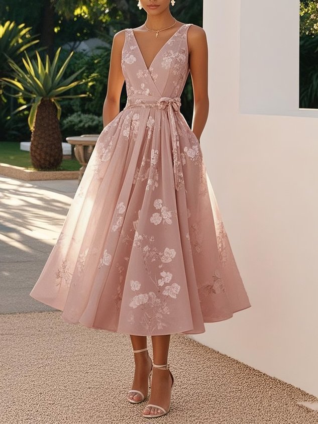 Karin | Damen Elegantes Blumenkleid Mit Tiefem V-Ausschnitt Und Taillengürtel