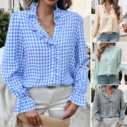 Élovi | Damen Karierte Bluse Mit Rüschendetails Und Knopfleiste