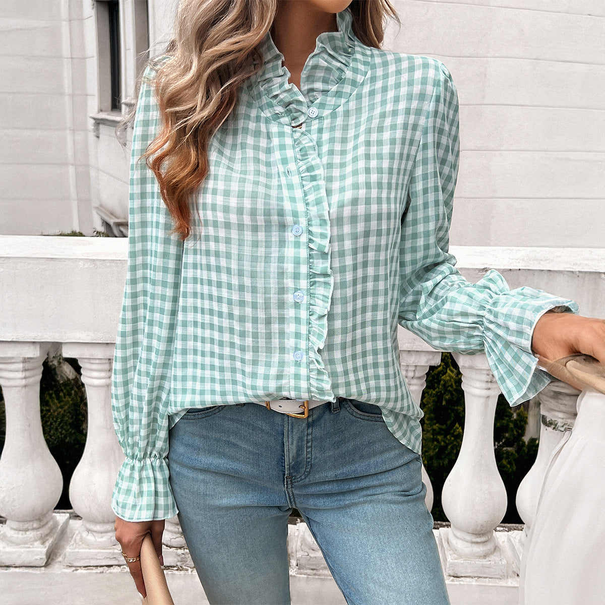 Élovi | Damen Karierte Bluse Mit Rüschendetails Und Knopfleiste