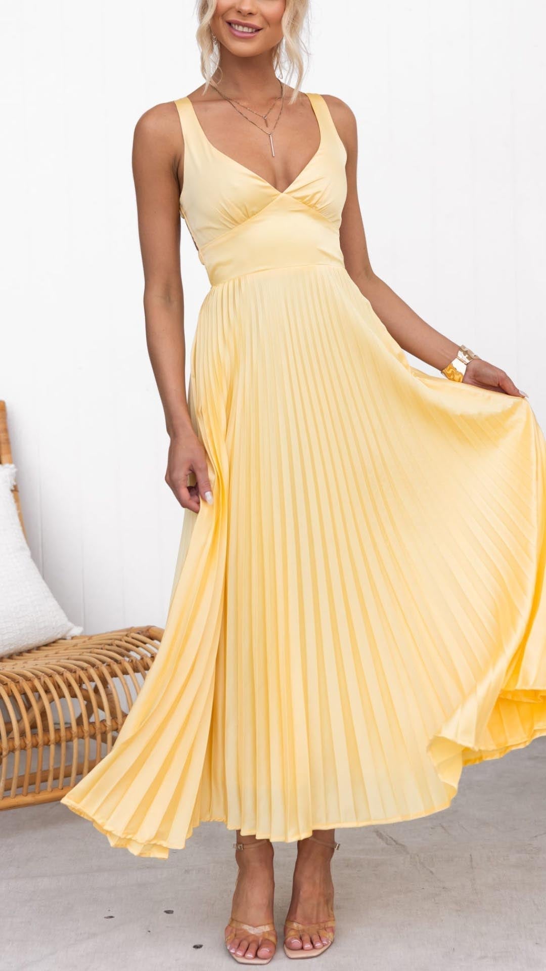 Elina | Elegantes Ärmelloses Kleid In Sonnengelb Mit V Ausschnitt