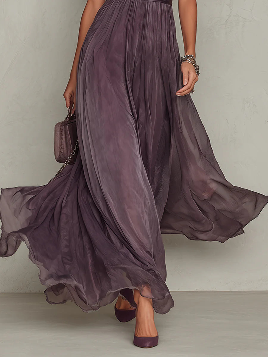 Flavia | Elegantes Langes Kleid Violett Mit Tropfen Ausschnitt Spitze
