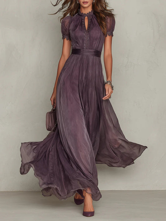 Flavia | Elegantes Langes Kleid Violett Mit Tropfen Ausschnitt Spitze