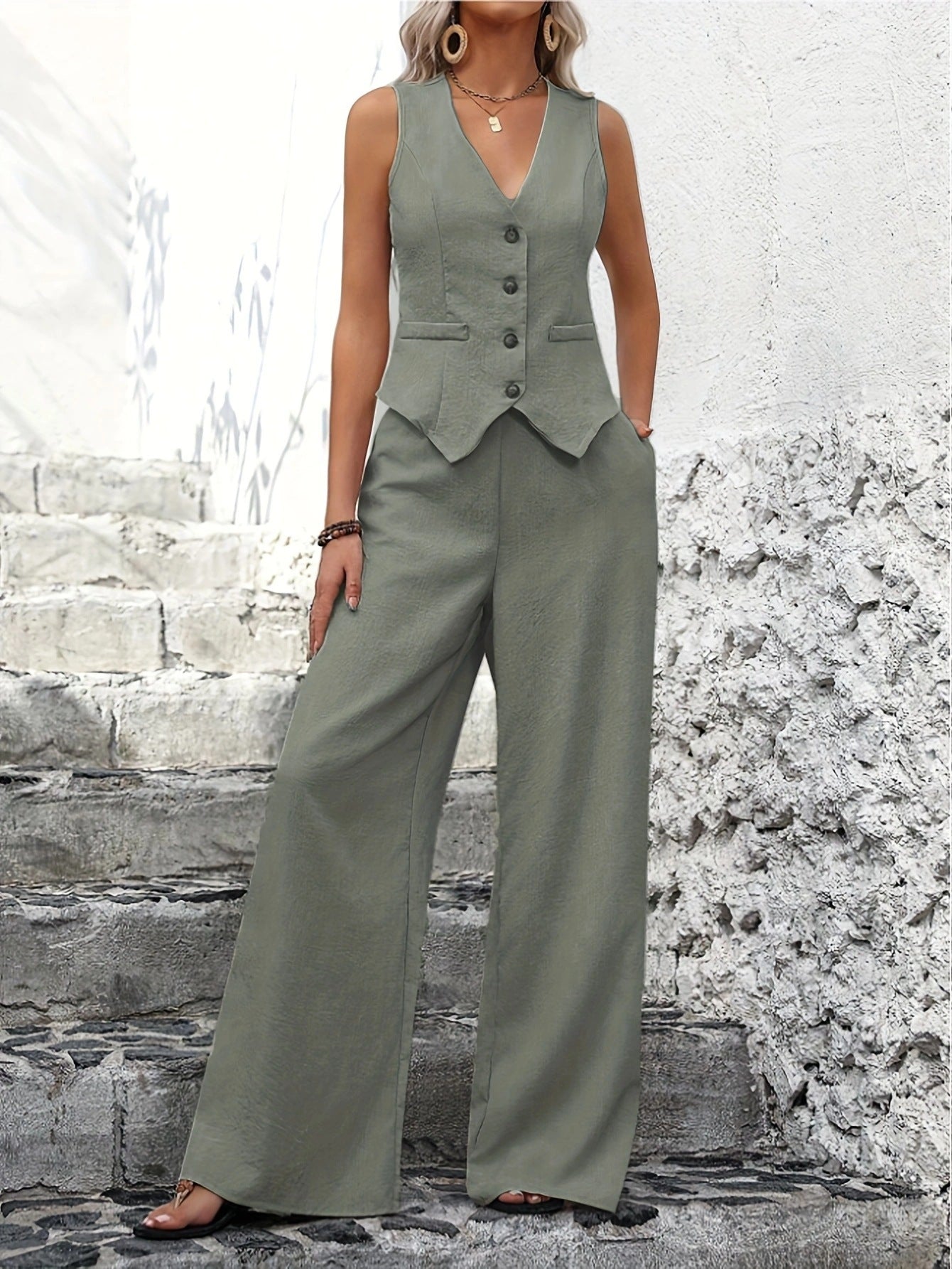 Zweiteiler Set Damen | Weste mit V-Ausschnitt & Weite Hose mit elegantem Fall