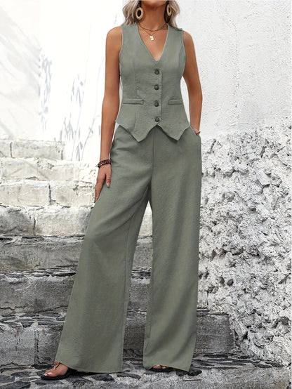 Zweiteiler Set Damen | Weste mit V-Ausschnitt & Weite Hose mit elegantem Fall