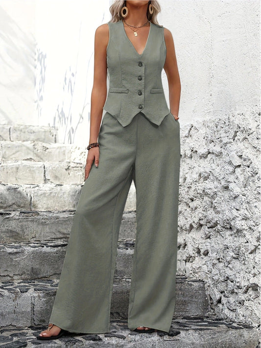 Zweiteiler Set Damen | Weste mit V-Ausschnitt & Weite Hose mit elegantem Fall