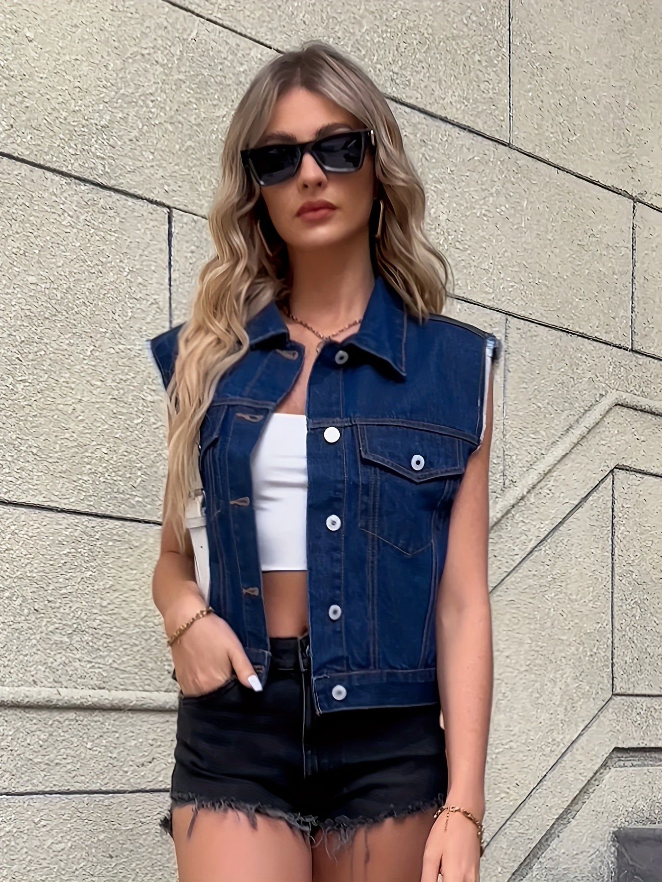 Bertha | Ärmellose Jeansjacke Mit Pattentaschen