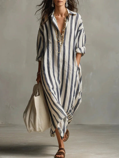 Damen Linnen Gestreiftes Oversized Hemdkleid Maxi - Blue