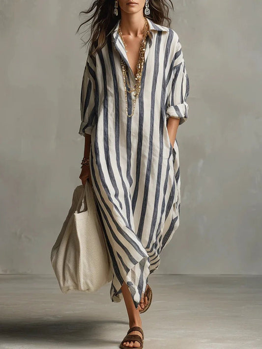 Damen Linnen Gestreiftes Oversized Hemdkleid Maxi - Blue