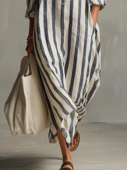 Damen Linnen Gestreiftes Oversized Hemdkleid Maxi