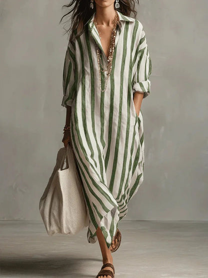 Damen Linnen Gestreiftes Oversized Hemdkleid Maxi - Green