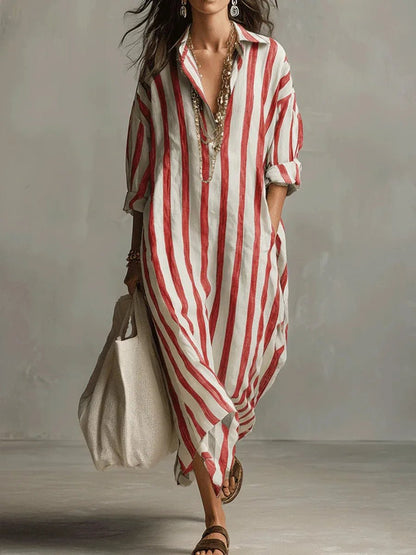 Damen Linnen Gestreiftes Oversized Hemdkleid Maxi - Red