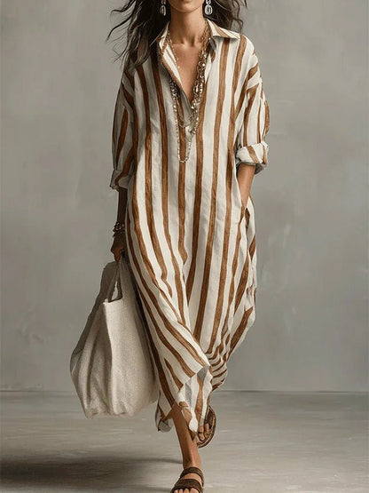 Damen Linnen Gestreiftes Oversized Hemdkleid Maxi - Earthy Yellow