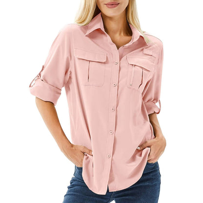 Damen UPF 50 Langarm Wander-Bluse Safari Hemd Aufrollbare Ärmel - Pink