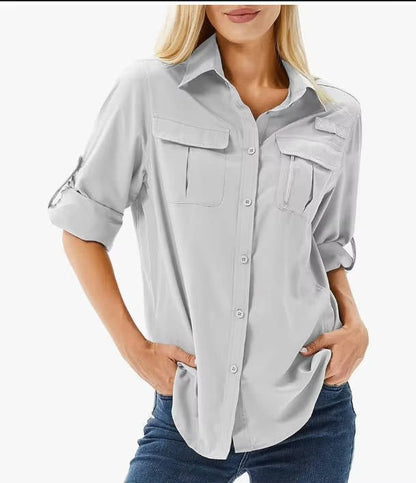 Damen UPF 50 Langarm Wander-Bluse Safari Hemd Aufrollbare Ärmel - Light Gray