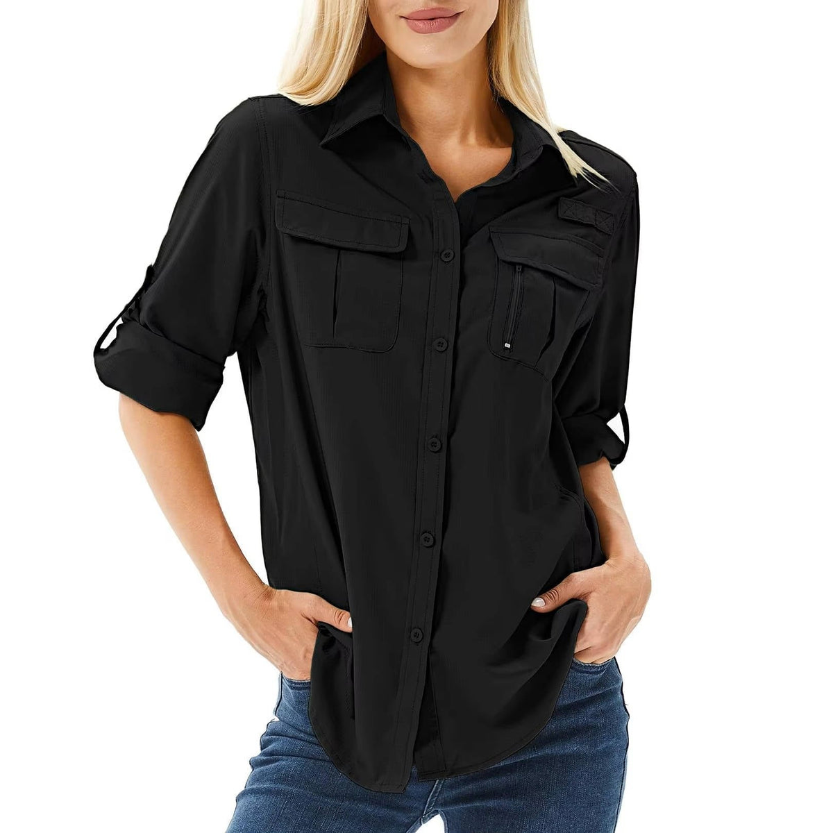 Damen UPF 50 Langarm Wander-Bluse Safari Hemd Aufrollbare Ärmel - Black