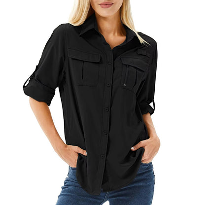 Damen UPF 50 Langarm Wander-Bluse Safari Hemd Aufrollbare Ärmel - Black
