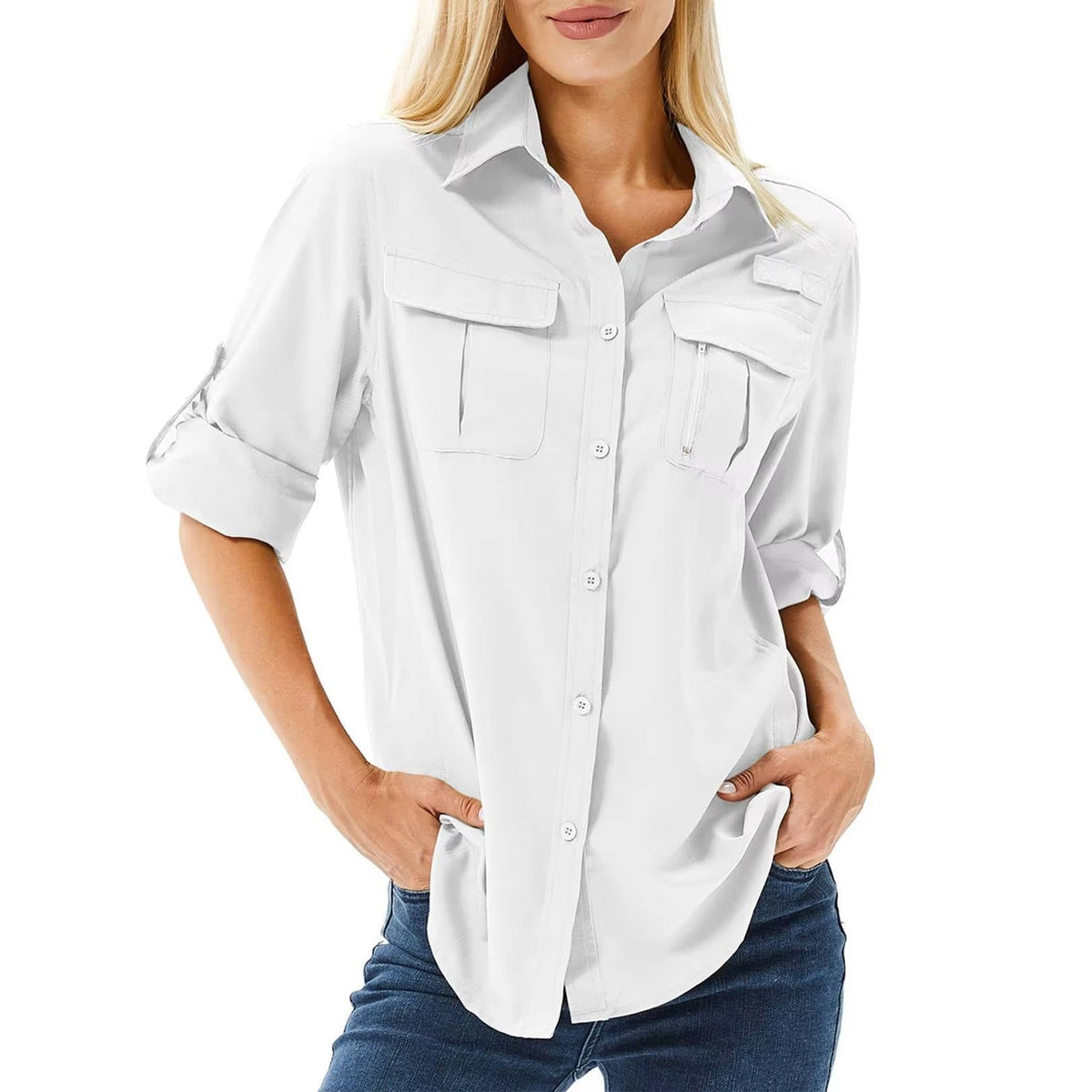 Damen UPF 50 Langarm Wander-Bluse Safari Hemd Aufrollbare Ärmel - White