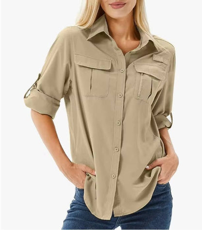 Damen UPF 50 Langarm Wander-Bluse Safari Hemd Aufrollbare Ärmel - Mud Yellow