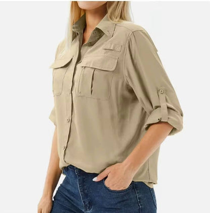 Damen UPF 50 Langarm Wander-Bluse Safari Hemd Aufrollbare Ärmel
