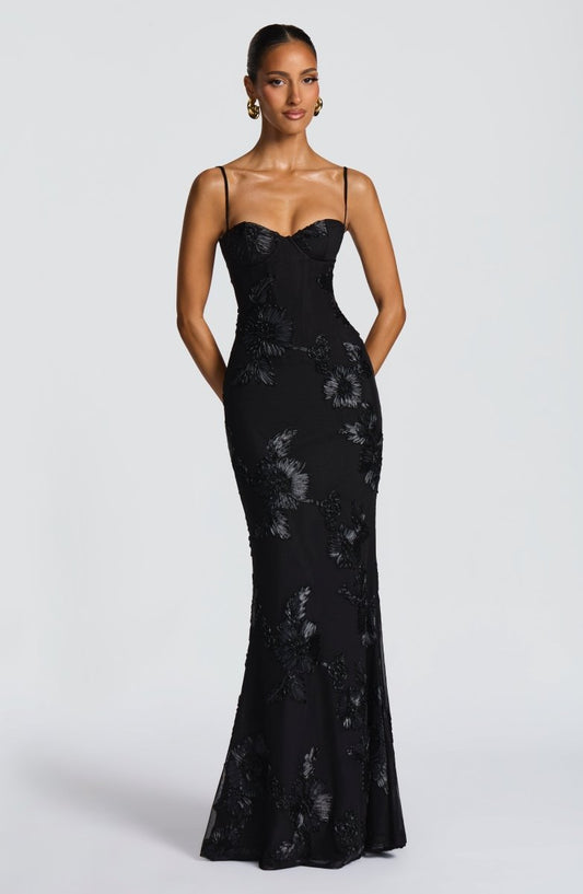Figurbetontes Maxi Kleid mit Spitze - Cecile LavelleSchwarz