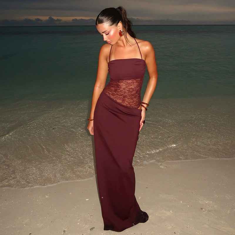 Sina – figurbetontes Maxikleid mit Schnürträgern und transparenter Spitzen - Corsage - Cecile LavelleRot