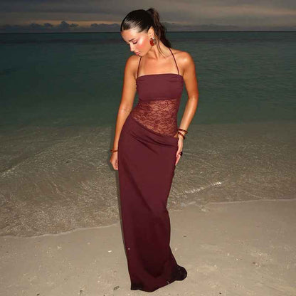 Sina – figurbetontes Maxikleid mit Schnürträgern und transparenter Spitzen - Corsage - Cecile LavelleRot