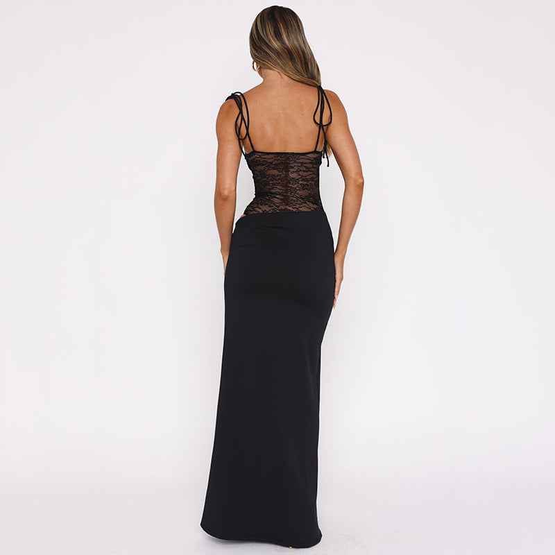Sina – figurbetontes Maxikleid mit Schnürträgern und transparenter Spitzen - Corsage - Cecile LavelleSchwarz